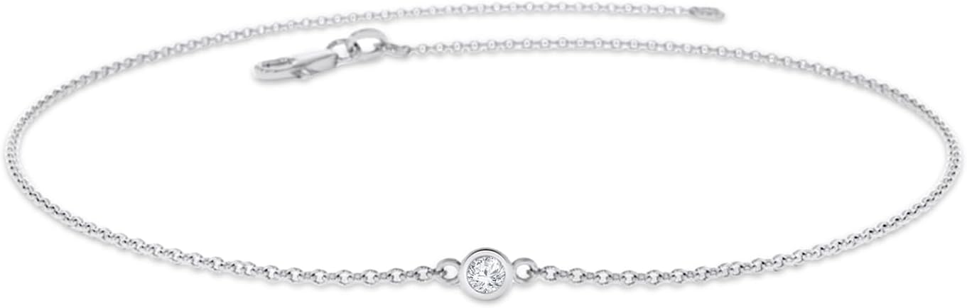 Solitaire Bracelet for Women | 2.5MM & 3MM Lab Grown Diamond & Moissanite Bezel Set Bridesmaid Bracelets | Curb Cable Link Chain Bracelets In 14K Gold Over Sterling Silver (0.05Ctw - 0.10Ctw)