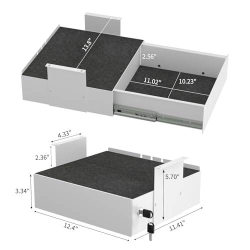 Image of Under Desk Slide Out, Lockable Steel Storage Drawer with Lock and Keys, Full-Extension Slides, Undermount Drawer for Home Office & Standing Desk, 13.8 Inch, White