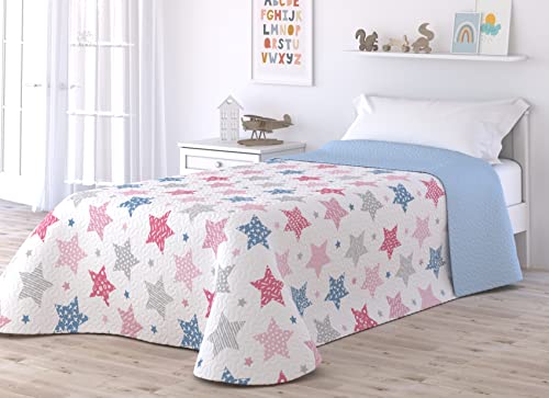 Victorio & Lucchino Colcha Fina Infantil de Verano y Primavera Sin Cojines. Ligera Colcha cubrecama de microfibra. (Cama 90cm, Estrellas Celeste)