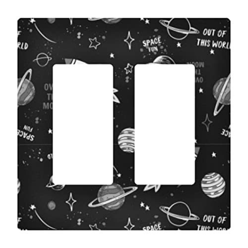 Space Doodle Cartoon Space Rockets, Planets, Stars, Moon, Slogans 3 Triple Gangs Rocker Print Toggle Wall Plate, Switch Plate Cover for Living Room Bedroom Bathroom Office and School