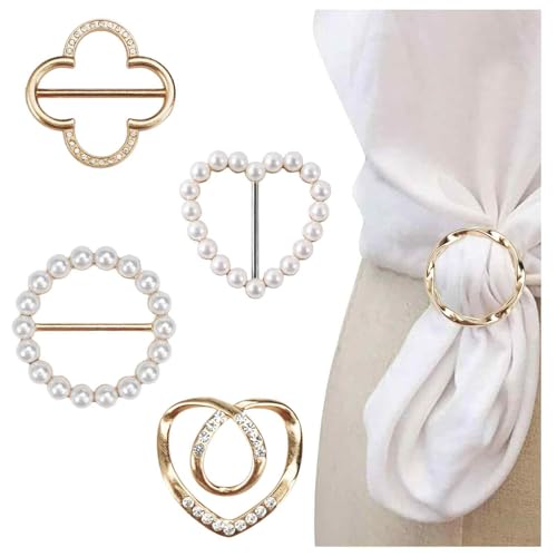 Image of 5pcs Scarf Ring Clip, Heart Pin-T-shirt Ties Clips, Clothes Corner Knotted Button for Women Fashion Metal Round Circle Shirt Buckle