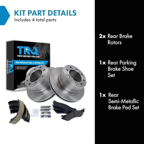 Image of TRQ Rear Brake Pad & Rotor Kit Parking Brake Shoe Set Semi-Metallic Compatible with 2003-2005 Dodge Ram 2500 Ram 3500