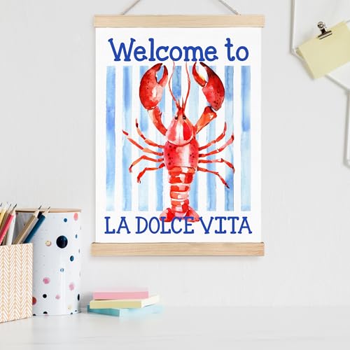 Image of PQKIY Summer Coastal Red Lobster Wall Art Poster Hanger Frame 12x16 in, Watercolor Nautical Beach Seafood Blue Striped Aesthetic Wall Decor Canvas Prints for Home Kitchen Dining Room Party