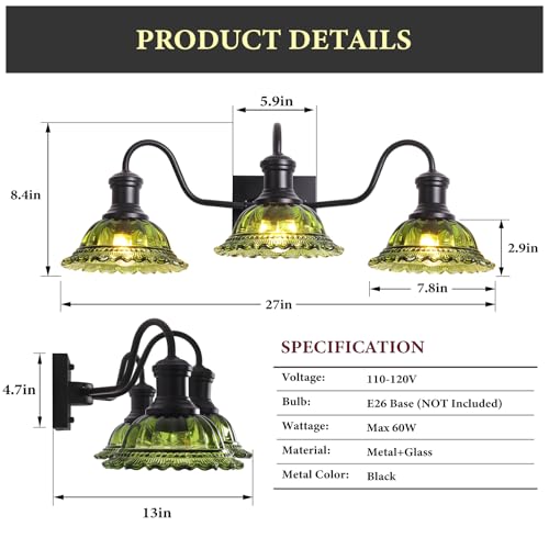 Image of Vintage Vanity Lights 3-Light, Black Bathroom Lights with Green Shade, Glass Bathroom Light Fixtures Over Mirror, Farmhouse Wall Sconce for Bathroom, Vanity Table, Entryway, Hallway