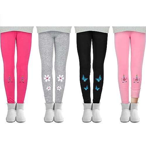 Cooraby 4 Pack Girls Winter Fleece Lined Leggings Girls Thick Warm Leggings Stretchy Thermal Tights Kid Winter Printed Pants