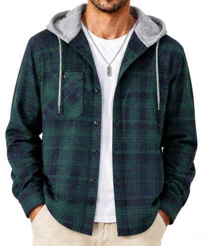 Image of SCODI Mens Flannel Hoodie Shirt Casual Button Down Plaid Long Sleeve Shirts | Machine Wash, Business, Vacation, Office, Party, Daily, Outdoor, Vintage, Classic, Stylish, Adjustable Cuffs, with Pocket