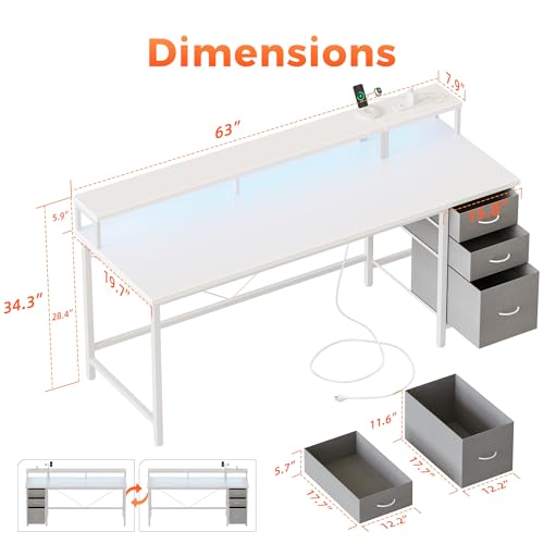Image of Mericonia 63 inch Computer Desk with Drawers, Reversible Gaming Desk, White