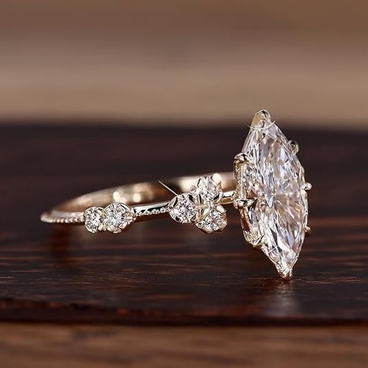 Marquise Cut Moissanite Engagement Ring – 14K Solid Gold Vintage Inspired Bridal Ring – Cluster Floral Moissanite Wedding Band – Promise Ring Anniversary Jewelry for Her