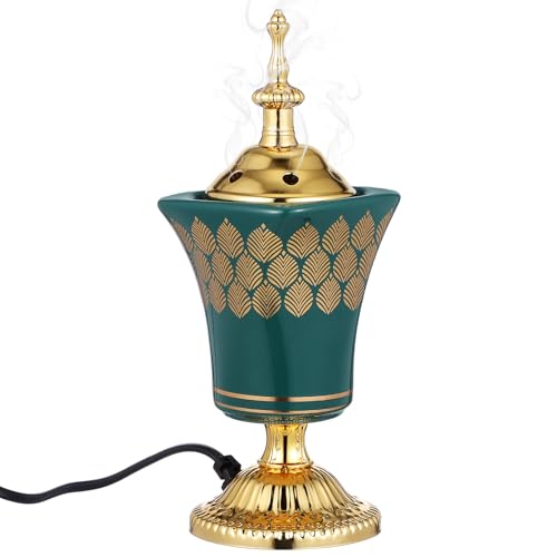 Cabilock Electric Bakhoor Burner Metal Electric Incense Burner for Oud Frankincense & Resin Flame-Free Arabic Bukhoor Holder for Home Decor Yoga Spa & Office Vintage Green Censer