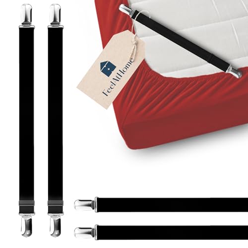 FeelAtHome 4 Stück Bettlaken-Klammern halten Bettlaken an Ort und Stelle, Eckbänder für Spannbettlaken, Matratzentücher, Greifer, Halter (4 Stück, Schwarz)