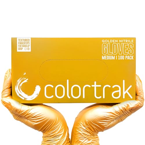 Colortrak Disposable Nitrile Gloves, Gold, Luminous Collection Latex-Free, Powder-Free Hair Color Gloves for Chemical Processing & Salon Services, 100 Count, Medium
