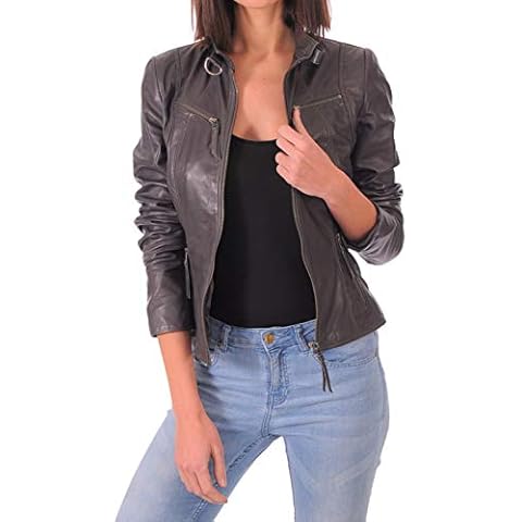 Leather Farm Women's Lambskin Leather Bomber Biker Jacket - grey - Large Cover