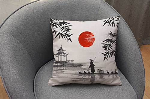 Japan Traditional Japanese Painting Man With Boat Cotton Linen Throw Pillow Case Cushion Cover Home Office Decorative Square 16X16 Inches Without Pillow Insert #TOP3