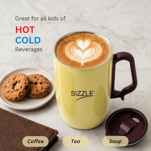 Image of Sizzle Stainless Steel Tea Coffee Mug with Lid, Wide Mouth, 400 ml Travel Mug for Men, Women & Kids, Gift Mug, Yellow