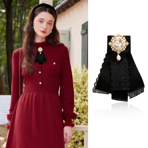 Image of Lace Ribbon Bow Tie Brooch Rhinestone Pearl Necktie for Girl Women Fashion jabot collar brooch pins Pre-Tied Corsage