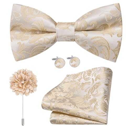 Image of Dubulle Mens Paisley Striped Bowtie Set Pre-tied Bowtie for Men and Pocket Square Set Wedding Business