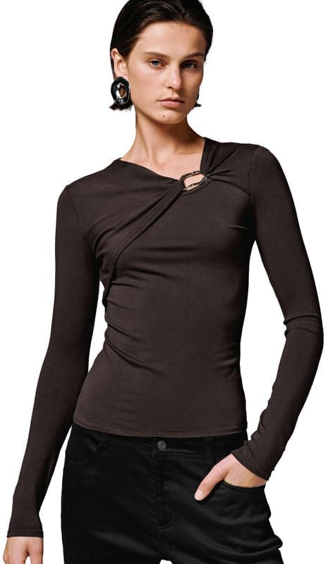 URBAN REVIVO Women's Asymmetrical Neck Knot Front T-Shirts Long Sleeve Shirts Slim Fitted Ruched Trendy Going Out Tops 2026 - Image 2