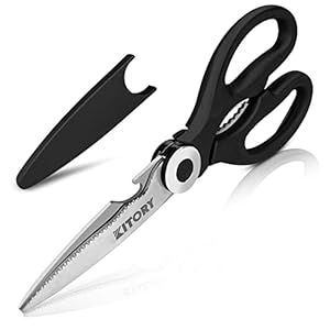 Kitory Küchenschere, Universalschere, Haushaltsschere mit Sägeschliff, 3CR13 Edelstahl, schwarz, 21 cm, Mit Sicherheitsabdeckung, Kunststoffgriff