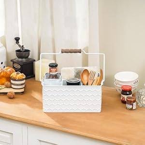 NIKKY HOME Farmhouse Silverware Organizer with 4 Compartments Cutlery Caddy Kitchen Countertop Flatware Holder for Utensil Spoons Knives Forks White Honeycomb Embossed Pattern