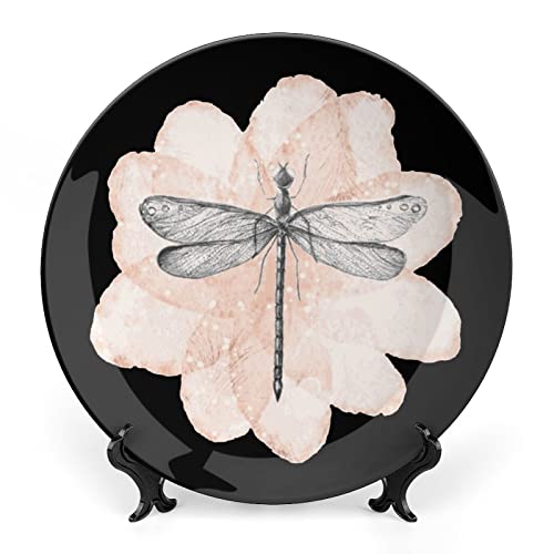 Dragonfly Pink Flower Ceramic Decorative Plates with Stand Bone China Hanging Ornaments Dessert Plates