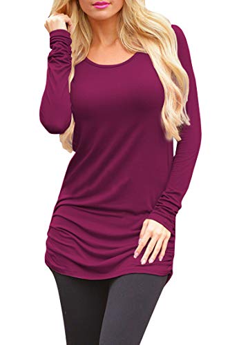Pink Queen Women's Casual Long Sleeve Slim Ruched Tunic T-Shirt Dress L Purple