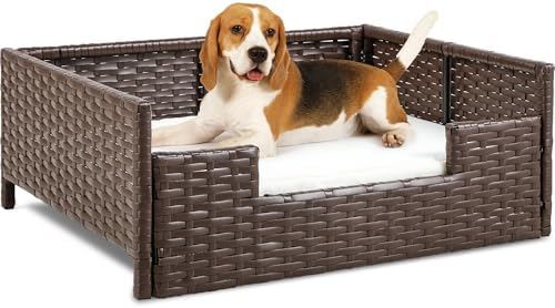 YITAHOME Rattan Dog Sofa Bed with Cushion,Wicker Pet Bed Sofa Cou...