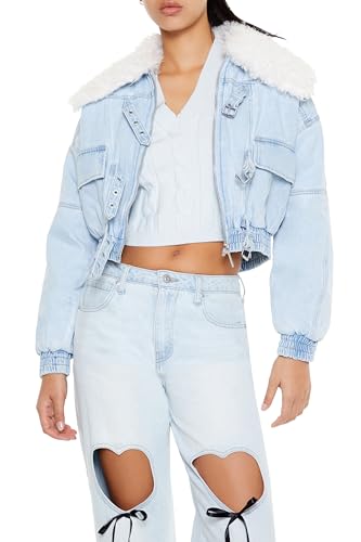 Forever 21 Jaqueta Bomber Feminina Faux Shearling, Jeans Claro, Jeans claro, GG