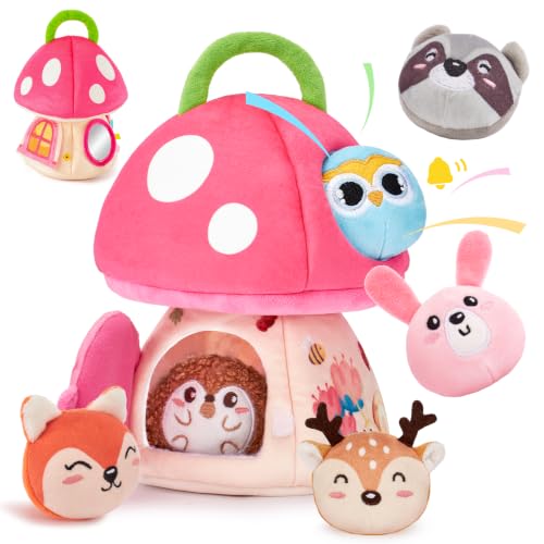Image of hahaland Baby Toys 6-12 Months - 6 7 8 9 10 Month Old Girl Montessori Toys | My First Mushroom House with Stuffed Jungle Animals, Rattle, Crinkle Paper, Mirror, Sensory Toy Baby Girl Gifts