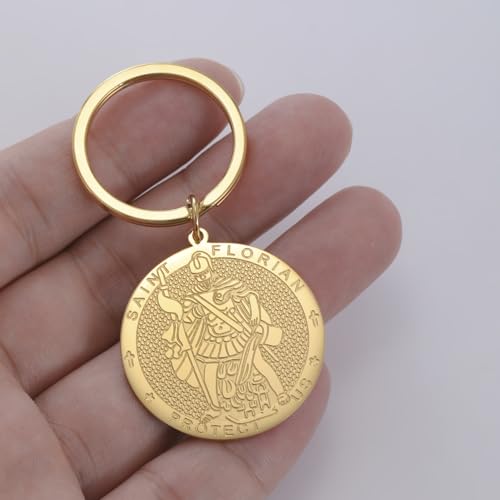 EUEAVAN St Florian brelok dla mężczyzn patron dwustronny święty strażak medal amulet katolicki prezent strażak akcesoria, Złoty, M