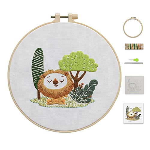 Ebherys Lion Embroidery Kit for Beginners with Hoop