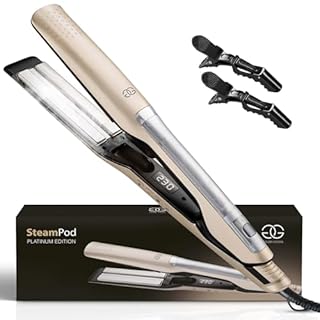 Lisseur Vapeur Champagne Golden Goods Steampod Pro Vapeur puissante, Fer a Boucler 10 réglages de température jusqu'à 230ºC, Tous types de cheveux Céramique et ionique, Lisseur Cheveux
