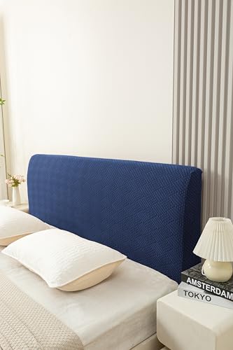 Image of HOMETHREADS Stretchable Lycra /Velvet Headboard Cover | Soft, Dust-Proof & Wrinkle-Resistant Bed Back Protector | Fits Leather, Wooden & Fabric Bedsides | for 6ft to 6.5ft Beds | (Navy, 175x65cm)