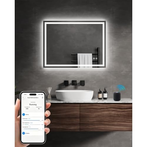 SWHC Badspiegel mit Beleuchtung, 80X60 cm Led Smart App Badezimmerspiegel
