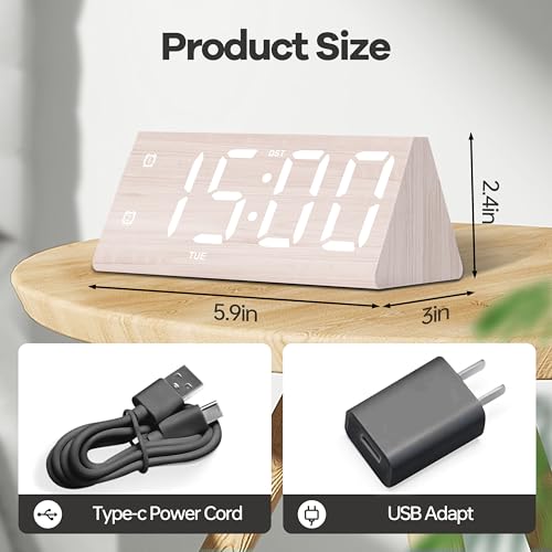 Image of Digital Alarm Clock, with Wooden Electronic LED Time Display, 3 Alarm Settings, Humidity & Temperature Detect, Wood Made Electric Clocks for Bedroom, Bedside, Desk (White-Big Bold)