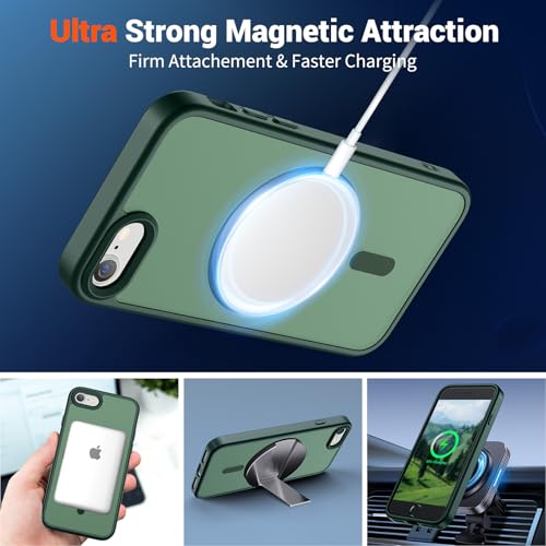 Image of SUPFINE Magnetic for iPhone SE Case 2022 (3rd) /2020 (2nd), iPhone 8 Case (Compatible with MagSafe) (Military Grade Drop Protection) Slim Translucent Matte Phone Case, Forest Green