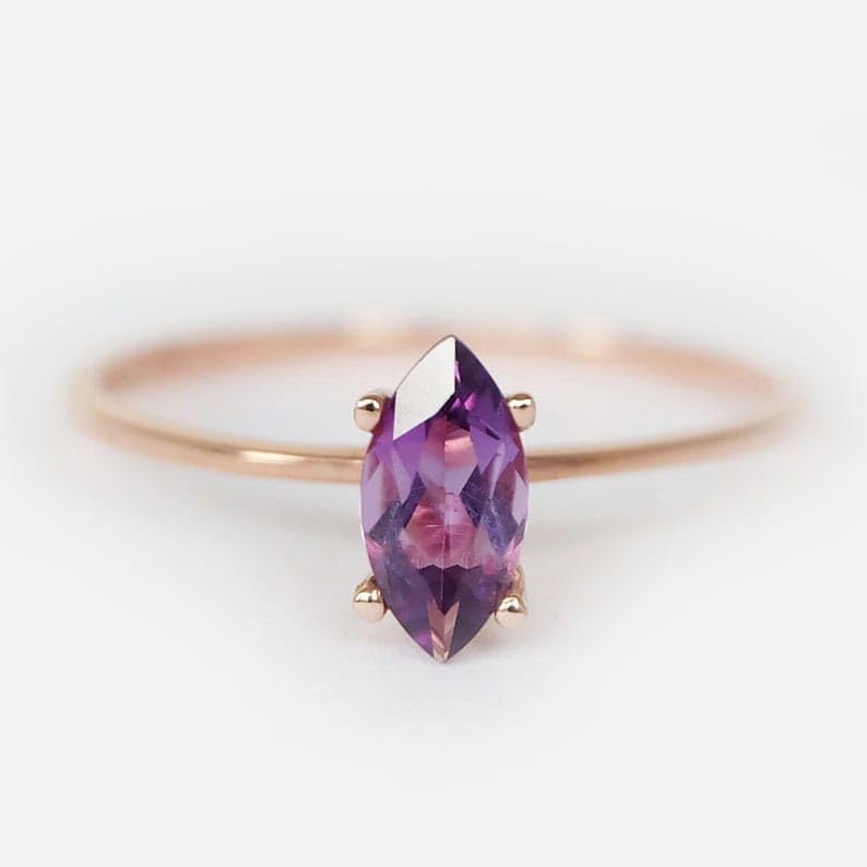 Marquise Amethyst Ring in 14K Rose Gold, Dainty February Birthstone Ring, Minimalist Gemstone Ring, Handmade Stacking Jewelry Gift - GJH1943