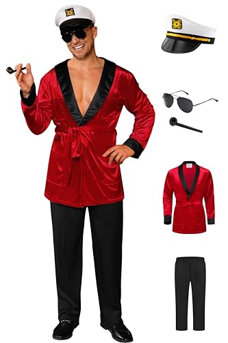 Arvilhill Mens Red Velvet Five Piece Cosplay Outfit Classic Robe Costume Sunglasser Captains hat Pants Celebrity Inspired Look Halloween Party Full Set M