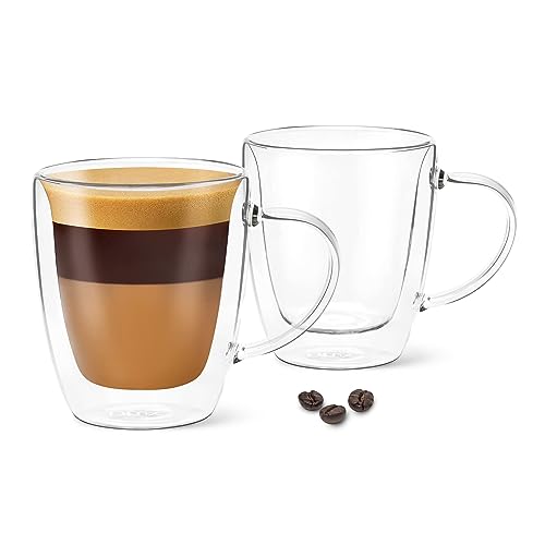 DLux Lungo Espresso Coffee Cups 160ml, Double Wall, Clear Glass Set of 2 Glasses 5.4oz with Handles, Insulated Borosilicate Glassware Tea Cup