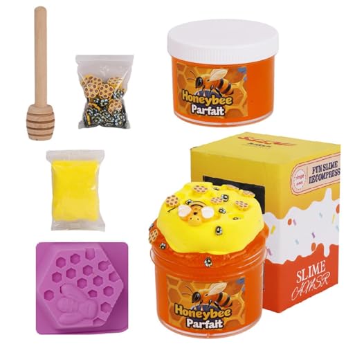 Set de slime de miel con molde decorativo de abeja y palito de madera, slime cristalino DIY, slime esponjoso para niños, bonito color, alivia el estrés, relleno para bolsas de fiesta de slime (A)