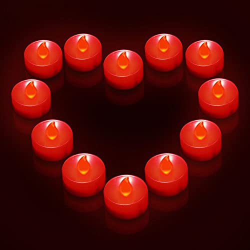 Ymenow Lot de 12 bougies chauffe-plat à LED rouges sans flamme vacillante avec minuterie de 6 h Fonctionne à piles pour décoration de la maison, de la chambre, du festival, Halloween, Noël - Rouge Cover