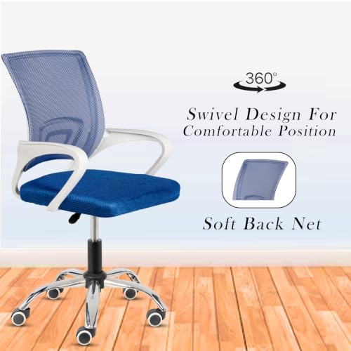 Image of Casa Copenhagen Mesh Mid Back Office /Study /Computer /Revolving /Desk Chair for Work from Home -Metal Base, Height Adjustable Seat- Indigo Blue & White Handle