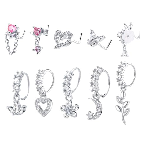 10 Pcs Dangle Nose Rings For Women Silver 20g Dangling Piercing Jewelry