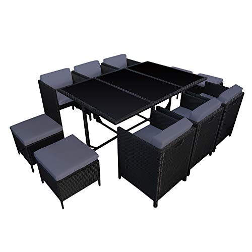 Salon de Jardin encastrable SANTORIN en résine tressée Noire 10 Places - Coussins Gris