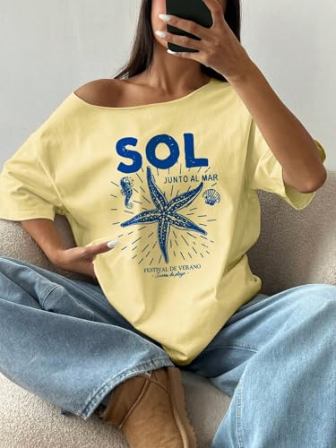 Image of SXV STYLE SOL Women Summer Loose Asymmetrical Neck Cocktail Fruit Orange Y2K Graphic Oversized T-Shirt