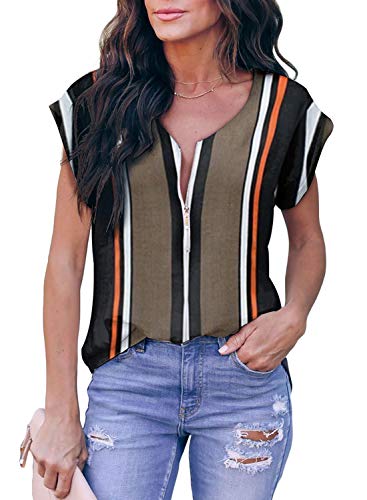 ZKESS blusa feminina casual sem mangas gola V punho plissado zíper chiffon, S Black Brown, Large