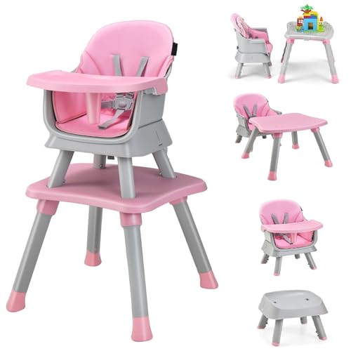 8 in 1 Baby High Chair for Babies and Toddlers, Convertible Highchair Infant Dining Booster Seat, Building Block Table, Kids Stool Table Chair Set with Removable Tray (Pink)