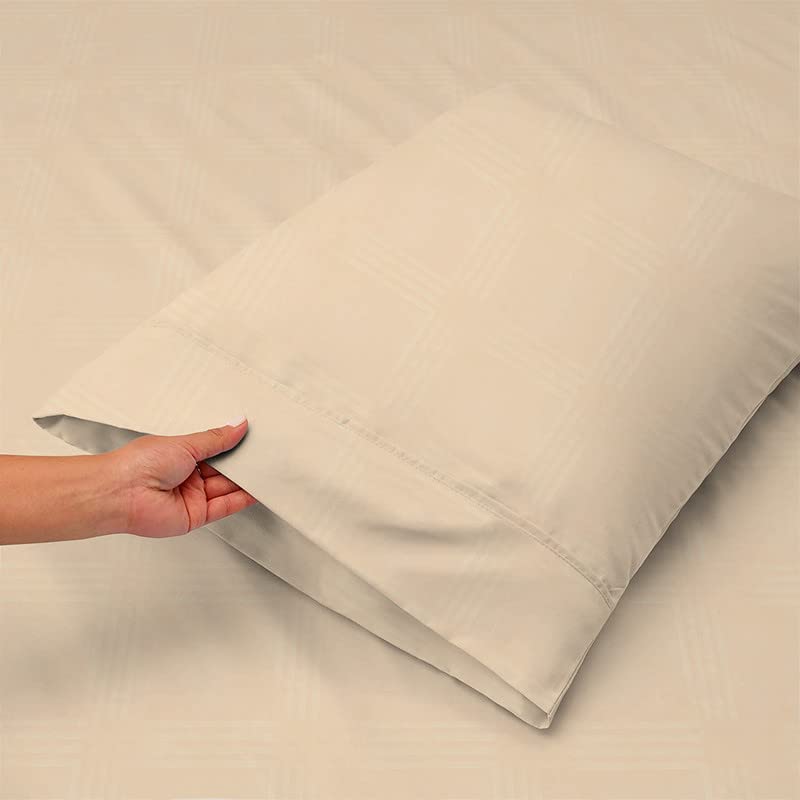 Image of BSB HOME Premium Cotton Elastic Fitted Embossed Linen Bedsheets with 2 King Size Pillow Covers | Double Bed with All Around Elastic 210 TC Supersoft | Size - King Size 78X72+10 Inches, Cream