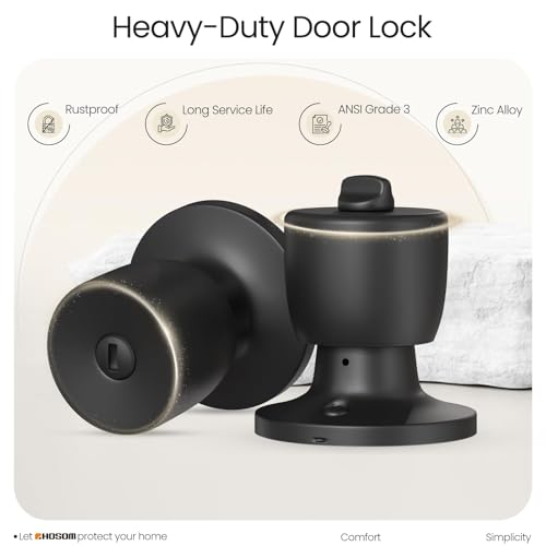 HOSOM Privacy Door Knob with Lock, Matte Black Door Knob Set, Black Door Handles Interior, Keyless Doorknobs Interior Door Lock for Bedroom, Bathroom, 1 Pack
