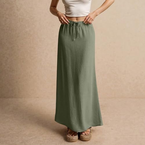 Linen Skirts for Women 2025 Summer Casual Maxi Skirt Drawstring Low Rise A-Line Flowy Boho Beach Vacation Outfits3