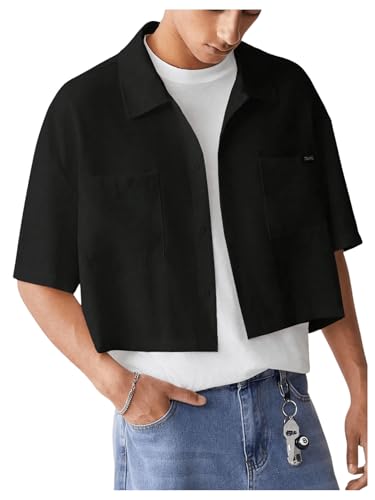 SHENHE Men's Summer Short Sleeve Button Down Crop Shirt Loose Fit Casual Shirt with Pockets
